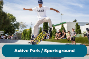 An image of a young boy skateboarding with the copy 'Active Park or Sportsground'