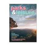 Front cover of the Australasian Parks & Leisure magazine for Summer 2024. It shows a person standing on a cliff face overlooking a basin below