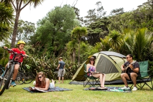 A group of people picnic in a park
