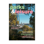 Front cover of the Australasian Parks & Leisure magazine for Autumn 2025. It shows a city next to water looking through trees.