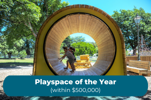 Image of a child on a playground with the copy Playspace of the Year (within $500,000) award