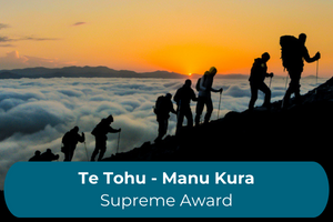 People tramp along a mountain ridgeline with the copy Te Tohu - Manu Kura Supreme Award