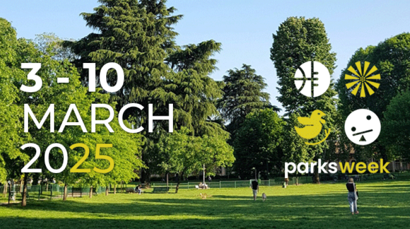 A park or open space with people throwing a ball. Copy reads: 3 - 10 March 2025 Parks Week