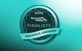 A badge saying Aquatics Awards Finalists announced on a gradient teal background