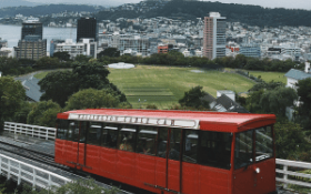 An image of the Wellington cable car with Wellington city in the background